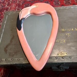 Vintage Pink Flamingo Wall Mirror Tropical Kitsch Wood Frame 19x11 Inch Decor